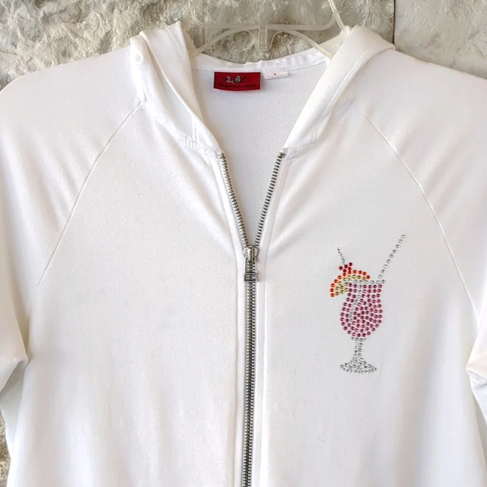 Tape Measure Y2K Short Sleeve White Hoodie Zip Up SM, Rhinestone Cocktail Accent - Picture 2 of 7